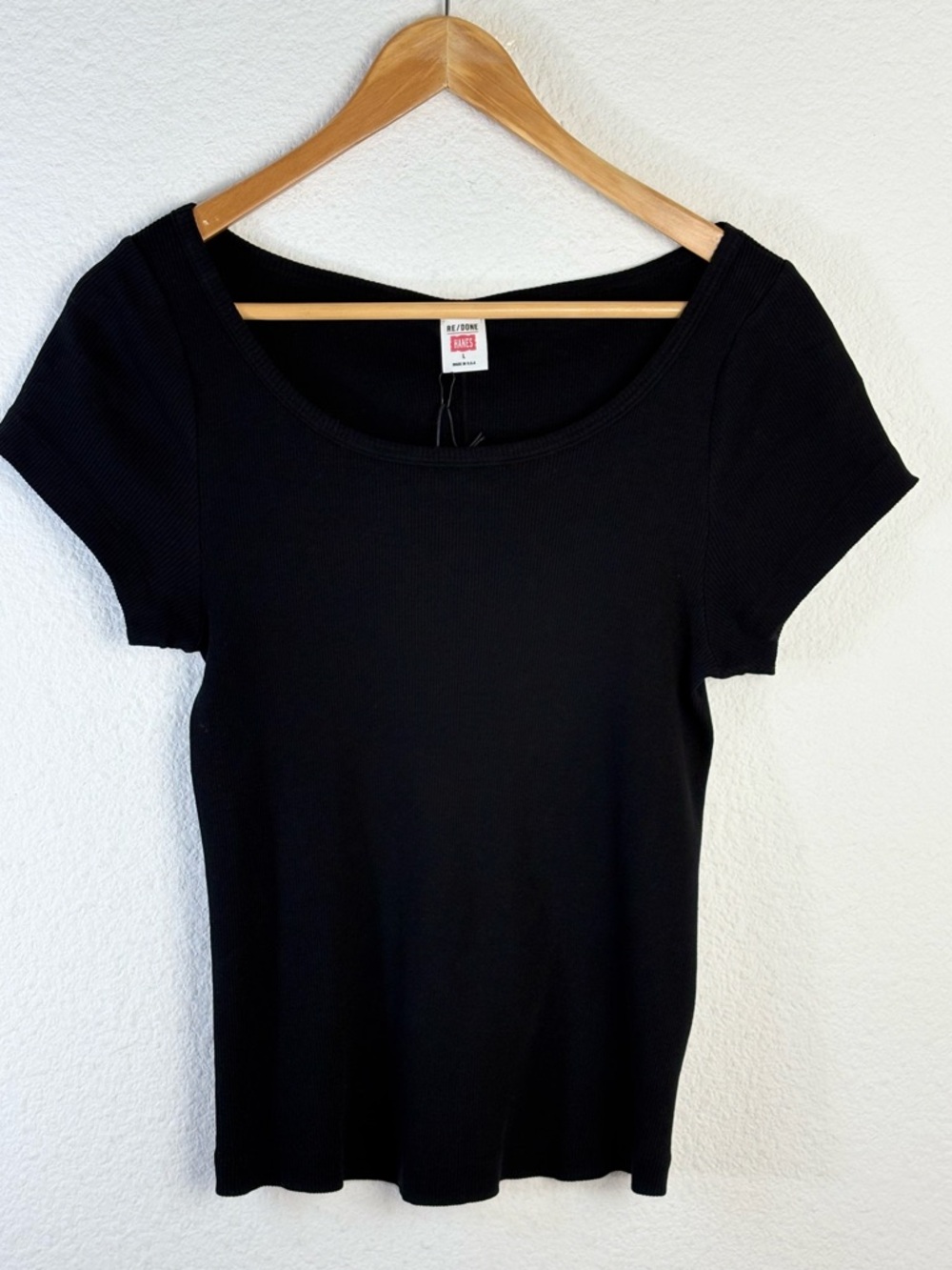 RE/DONE x Hanes Black Ribbed Cap Sleeve T-Shirt Top Sz L